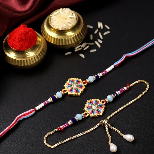 Image of Oblivion Rakhi Set for Brother and Bhabhi - Peacock with Feather Gift for Bhai & Lumba for Bhabhi with Silver Colour Coin and Greeting Card - Raksha Bandhan Combo