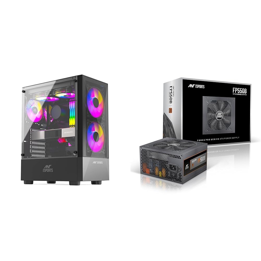 Ant Esports Glass Ice-100 Mid-Tower Computer Case/Gaming Cabinet-Black&Fb550B 80 Plus Bronze Certified Non Modular Gaming Power Supply/PSU for Pc with Flat Black Cables and Silent Fan