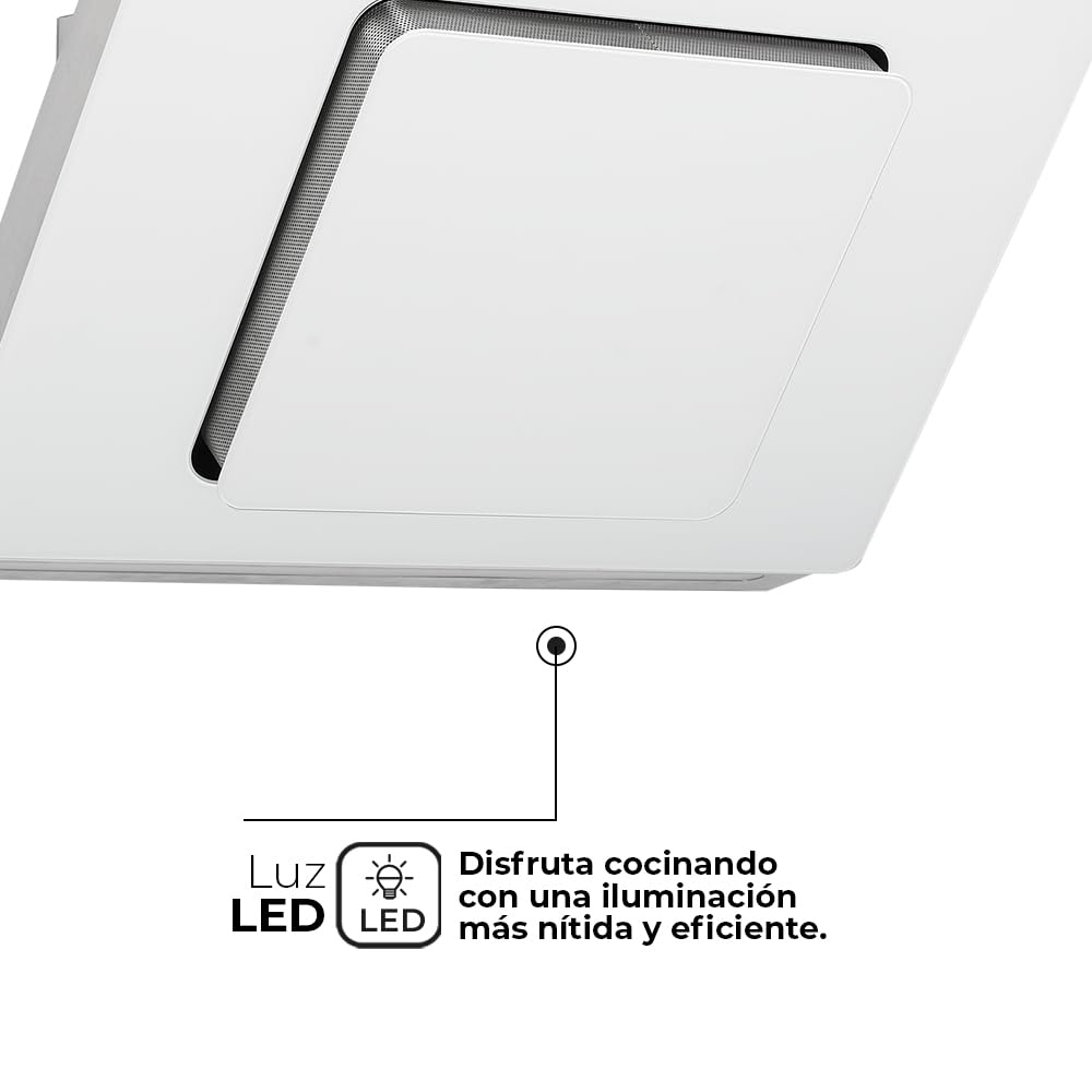 Svan Campana Extractora Inclinada 80cm Cristal blanco SVCC8080B. Potencia 790m3/h, Tiro Doble, 3 Velocidades, Control Táctil,
