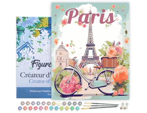 Figured'Art Peinture par Numéro Adulte avec Cadre Affiche de voyage Paris en fleurs - Activité Manuelle Kit de Loisir Créatif DIY Numéro d'Art Complet - 40x50cm toile tendue sur châssis