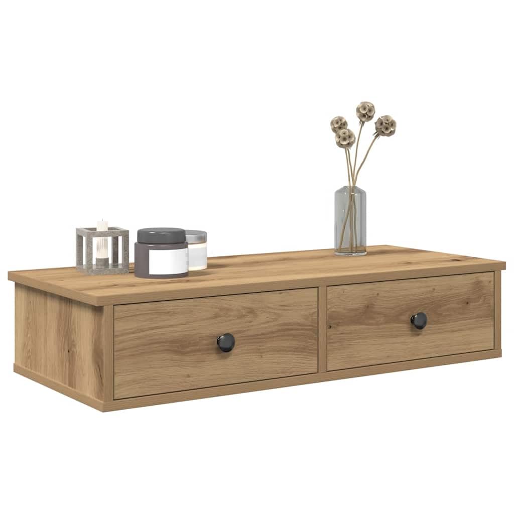 Estante de Pared con Cajones, Tocador Flotante, Madera Roble Artesano, Diseño Flotante Multiusos, Almacenamiento Organizado, Soporte 60 kg, para Dormitorio, Salón, Oficina, 80x31x17 cm