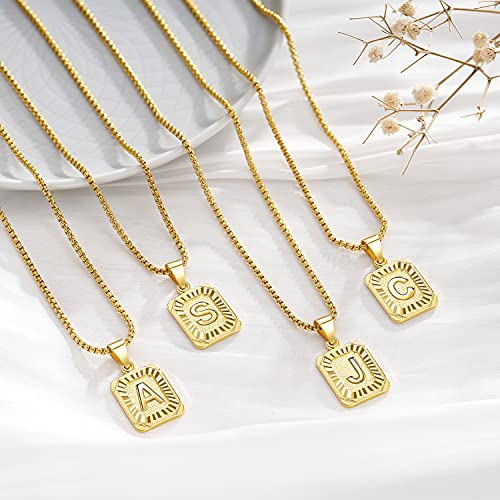 Kissyan Initial Letter Pendant Necklace For Mens Womens, 18K Gold Plated Square Capital Monogram Necklace Alhpabets From A-Z Box Figaro Chain Necklace(Square Letter A) #TOP4