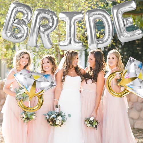 Image of Large Bride Balloons Silver with 2 Ring Balloons for Bridal Shower Bachelorette Engagement Party Decorations, Silver