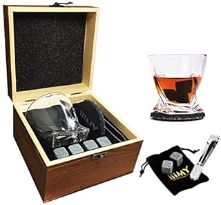 Whiskey Stones and Glass Gift, 4 Whisky Stones + Twist Whisky Rock Glass + Slate Coasters for Whiskey and Scotch, Christmas/Birthday/Fathers Day Gifts/Present for Men/Women