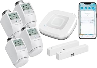 Homematic IP Funk Heizungssteuerung zur Einzelraumregelung mit App. Inhalt: Access Point, 4 Funk Heizkörperthermostate, 2 Funk Tür-Fensterkontakte. Sparen und wohlfühlen in Ihrem Smart Home