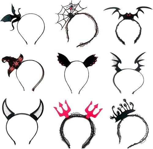 SHJOEE 9 Pezzi Copricapo Decorato di Halloween Unisex Cerchietto di Halloween Fascia di Halloween Giochi di Ruolo di Halloween DiavoloCornaRagnoPipistrelloStreghe per BambiniAdulti di Halloween