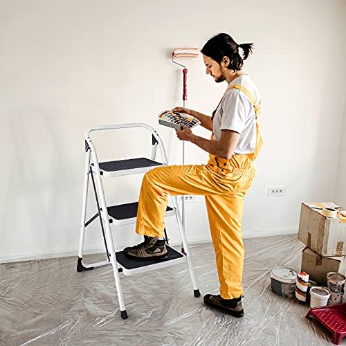 TANGZON Folding 3/4 Step Ladder, Steel Step Stool with Widen Anti-Slip Pedals, Reinforced Crossbar, Safety Handrail & Lock, 150kg Capacity Portable Tread Stepladder for Household Garage Shop(3 Step)