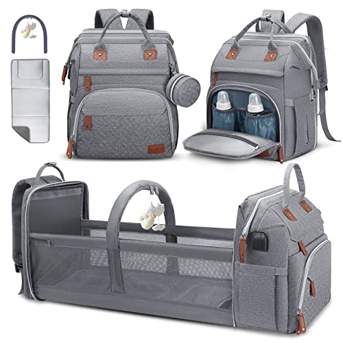 Image of Baby Diaper Bag Backpack, Diaper Changing Station, Portable Changing Station Backpack for Boys Girls,Waterproof Changing Pad,USB Charging Port,Pacifier Case, Sunshade and Toy Bar, Heather Grey