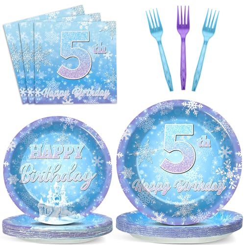 Snowflake Winter Wonderland 5th Birthday Paper Plates Napkins Forks Disposable Dinnerware Happy 5th Birthday Blue and Purple Winter Snowflake Tableware for Kids Christmas onderland Party Decorations