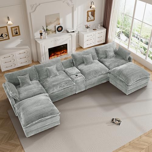 Image of 145 inch Oversized U Shaped Modular Sectional Sofa with Ottoman, Comfy Fluffy Soft Corduroy, Large Cloud Couch with USB Port, Cup Holder and Storage Central Console for Living Room, Light Grey
