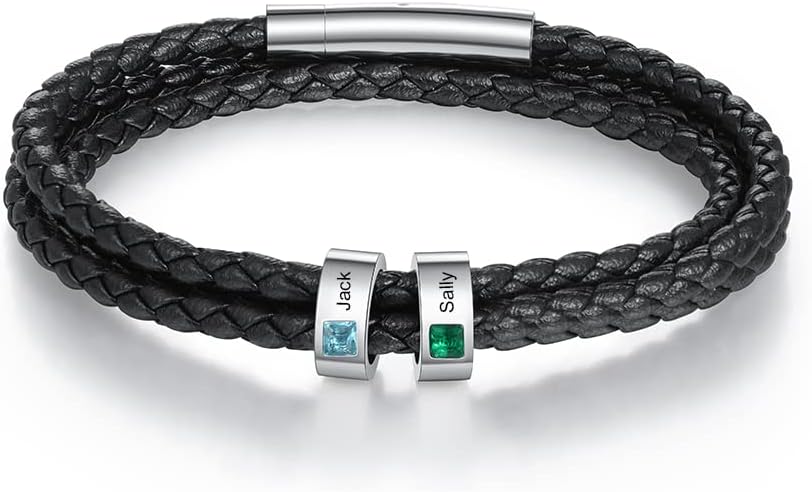 Gemszoo Personalized Name Bracelet with Simulated Birthstones Custom Engraving Beads Black Braid Leather Bracelets Gifts for Men Dad Husband Him
