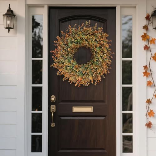 Image of 26 inch Large Fake Eucalyptus Fall Wreath for Front Door Decor(Orange-Green) | Artificial Outdoor Wreath, UV and Water Resistant, for Porch /Window /Wall /Farmhouse /Home /Thanksgiving Day /Autumn Decor