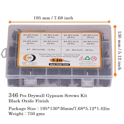 Image of Drywall Gypsum Screws Sharp Point Self Tapping Carbon Steel Assortment Set Phillips Bugle Head, Wood, Furniture and Cabinet (Black) -Pack of 346 Pcs