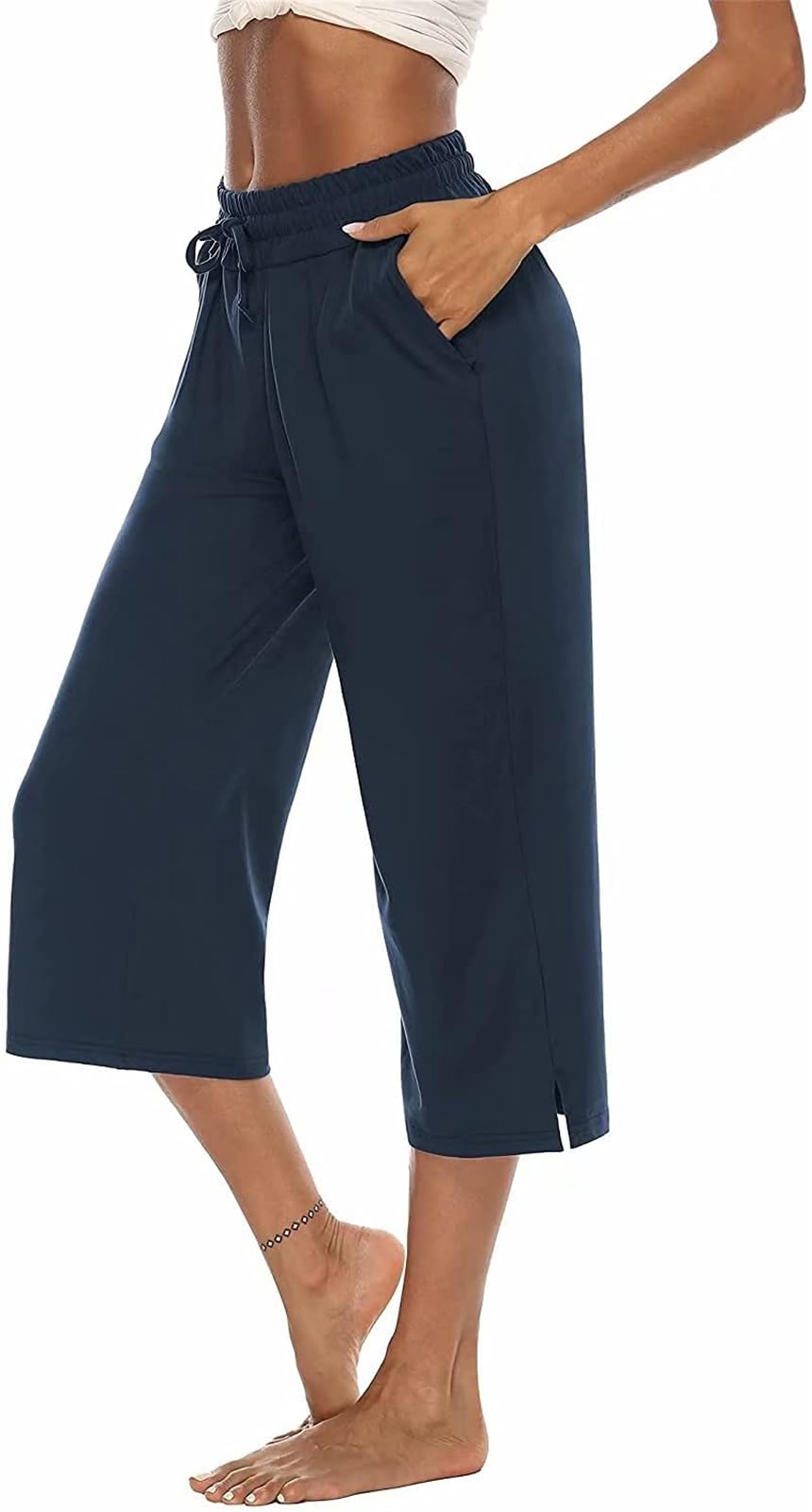 ASKSA Damskie spodnie capri 3/4, szerokie nogawki, wygodne spodnie rekreacyjne, spodnie do biegania, luźne spodnie do jogi, letnie spodnie z kieszeniami