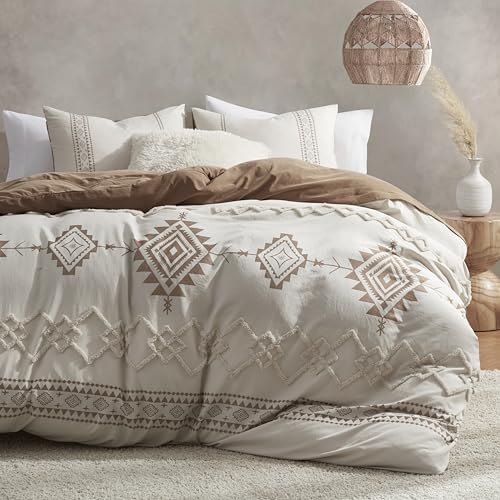 Oli Anderson Boho Duvet Cover Set King Size, Beige and Terracotta Color Clash 3 Pieces Microfiber Bedding Set, Durable and Super Soft Duvet Covers with Zipper and Ties, 104