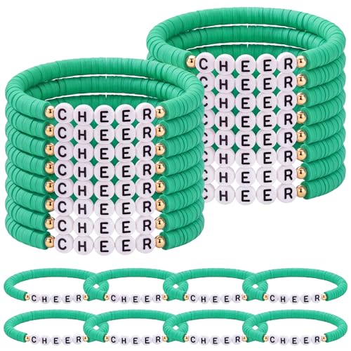Image of Landical 24 Pcs Cheerleader Gifts Stackable Clay Bead Cheer Bracelets Friendship Bracelets Senior Night Cheer Gifts for Girls(Green)