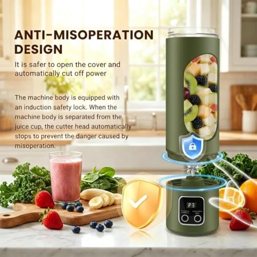 Image of Lilogi 500ML Portable Smoothie‑Maker Cup,12‑Blade USB‑C Rechargeable Juicer with LED Display, Travel‑Sized Drink Mixer for Kitchen,Office,Gym & Outdoor Activities (Green)