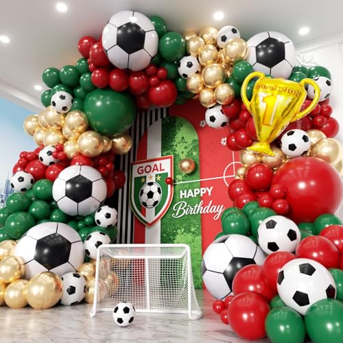 Image of Soccer Party Decorations 160Pcs, World Soccer Balloon Garland Arch Kit with 18'' Football Foil Balloons, Green and Red Football Print Balloons for Boys Sports Fan Birthday Soccer Party Decor