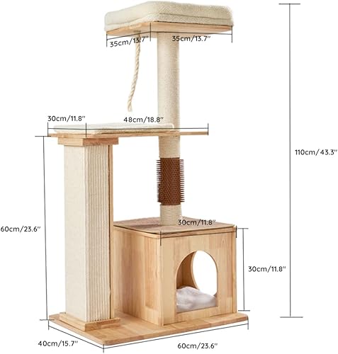 Miniatura 4 de CIKEA Moderno árbol de madera para gatos grandes y pequeños, torre de madera maciza natural para gatos con poste rascador de sisal natural,