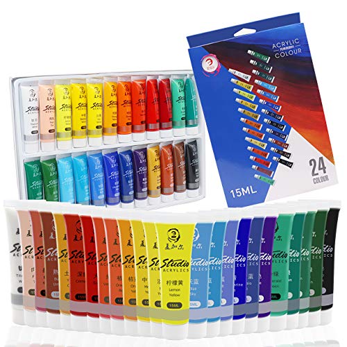 Fortuning JDS Peinture acrylique 12/24 pour papier, toile, bois, céramique, tissu et travaux manuels, non toxiques et couleurs vives pigments riches de qualité durable pour débutants, étudiants