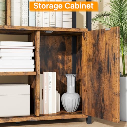 Image of Jehiatek 71 inch Arc Gold Bookshelf with Storage Cabinet, Tall 6 Tiers Industrial Bookcase with Sturdy Metal Frame, Geometric Book Shelf for Lving Room, Home Office, Black and Brown
