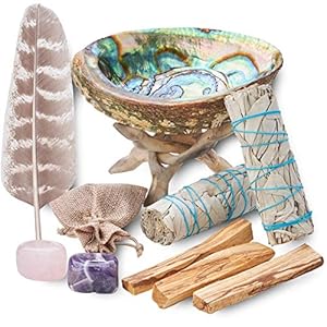 Home cleansing smudging kit with white sage palo santo abalone stand smudge feather guide smudge kit with sage smudge sticks  urban country home decor