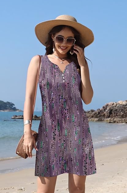 V-Neck Floral Printed Summer A-Line Elegant Dresses Womens Vintage Sleeveless Beach Sundress Ladies Casual Loose Boho Dress - Image 5