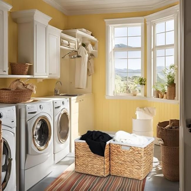 Wicker Storage Basket 12x12, Foldable Water Hyacinth Storage Baskets, Wicker Storage Cubes with Liners, Natural Seagrass Laundry Bin, Letter Boards and Chalk Marker Included, Set of 2