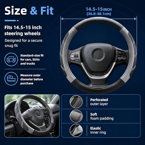 Image of Elantrip Sport Leather Steering Wheel Cover 14 1 /2 inch to 15 inch Universal, Padded Soft Grip Breathable for Car Truck SUV Jeep, Anti Slip Odorless Black and Gray