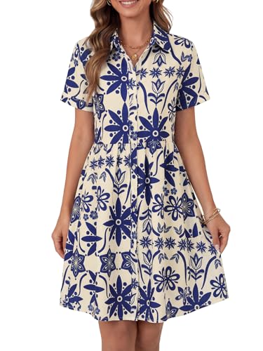 Image of Rooscier Women's Striped Shirt Dress Button Down Collared Short Sleeve Mini Dress