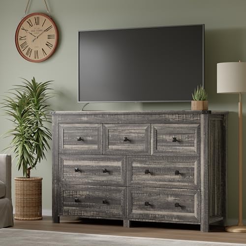 Image of BORNOON 7-Drawer Dresser, Modern Wooden Storage Chest of Drawers, Dresser TV Stand, Wood Drawer Organizer with Metal Handles for Bedroom, Living Room, Hallway
