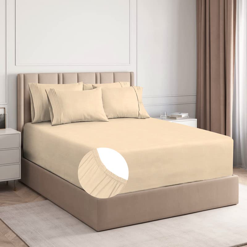 Image of BSB HOME Premium Cotton Elastic Fitted Embossed Linen Bedsheets with 2 King Size Pillow Covers | Double Bed with All Around Elastic 210 TC Supersoft | Size - King Size 78X72+10 Inches, Cream