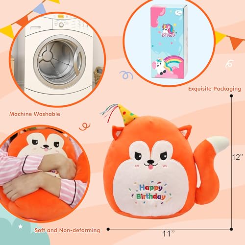 Image of Easfan 12'' Birthday Fox Plush Pillow Soft Fox Plush Toy Cute Fox Stuffed Animal Home Room Decoration Birthday Gift for Kids Adults,Orange, EF0087 Fox