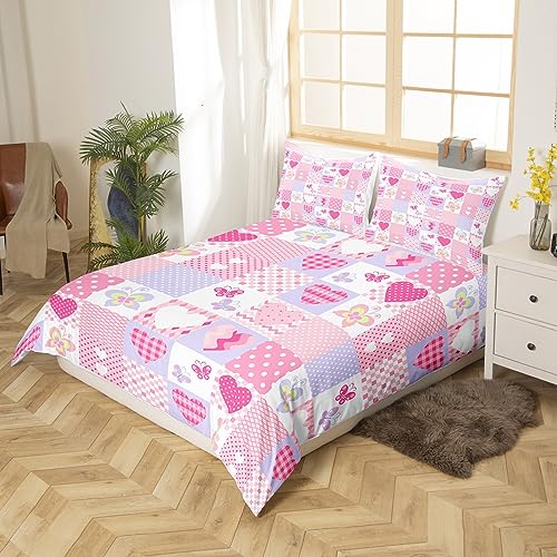 Loussiesd Girls Bedding Set and Pillow Set 135X200cm Pink Hearts and Butterflies Patchwork for Kdis Girls Duvet Cover Geometric Design Cot Bed Duvet Single Size with 1 Pillowcase - Image 2