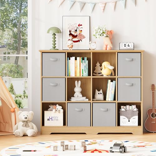 Image of 12 Cube Storage Organizer Shelf, Wood Cubby Storage with 6 Fabric Drawers, 3 Tier Wooden Bookshelf with 2 Adjustable Shelves & Fluted Side Panels for Bedroom, Living Room, Home Office, Wood