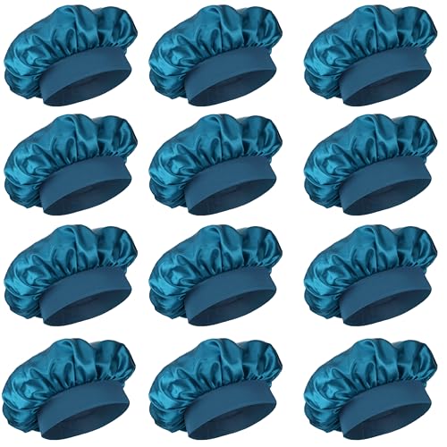 12 Pieces Silk Bonnet for Women Curly Hair Satin Bonnet Hair Wrap for Sleeping Cap with Tie Band (Blue Zircon)