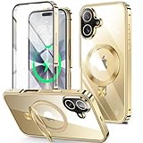 HGUTREY【スタンド機能付き・アクションボタン】 iPhone17 用 ケース クリア 【ロック付き】【CDリング・MagSafe対応】 9H強化ガラス PC背面 一体型レンズ保護 アイフォン17 ケース 両面 ストラップホール付き アルミバンパー メタルフレーム 耐衝撃 高感度タッチ ワイヤレス充電対応 アイホン17 用 カバー 6.3インチ（ゴールド）