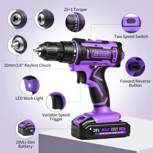 Image of Purple Cordless Drill Set,20V Drill Driver with Battery and Charger,3 /8-Inch Keyless Chuck, Variable Speed,with Drills Bits Set