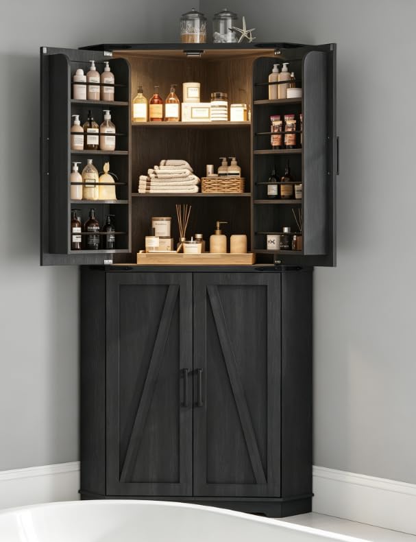 Image of Dripex 71 inch Black Corner Pantry Cabinet, Farmhouse Tall Storage Cabinet with Doors, Adjustable Shelves & LED Light, Kitchen Food Cabinet for Living /Dining Room
