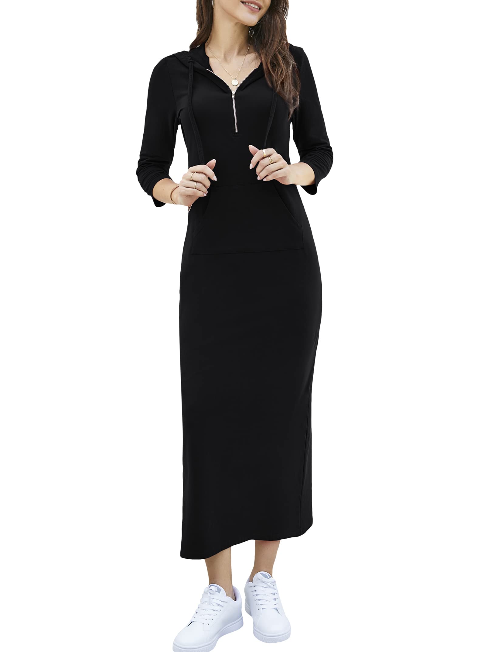 MISSKYWomen Casual Pocket Quarter-Zip Neck 3/4 Sleeve Slim Split Pullover Hoodie Maxi Dress