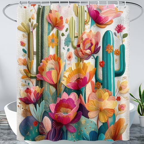AILONEN Cactus Shower Curtain,Colorful Floral Plants Bath Curtain for Girls Women,Desert Botanical Bathroom Decor + Plastic Hooks,Waterproof, 72