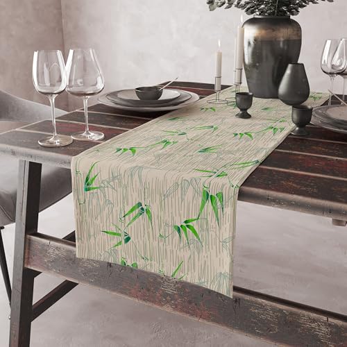 Image of Bamboo Print Linen Table Runner,Rustic Farmhouse Nature Table Decor for Indoor Outdoor Dining Kitchen, Coffee Table Decor, Spring and Summer Party Decoration,13x120 Inch