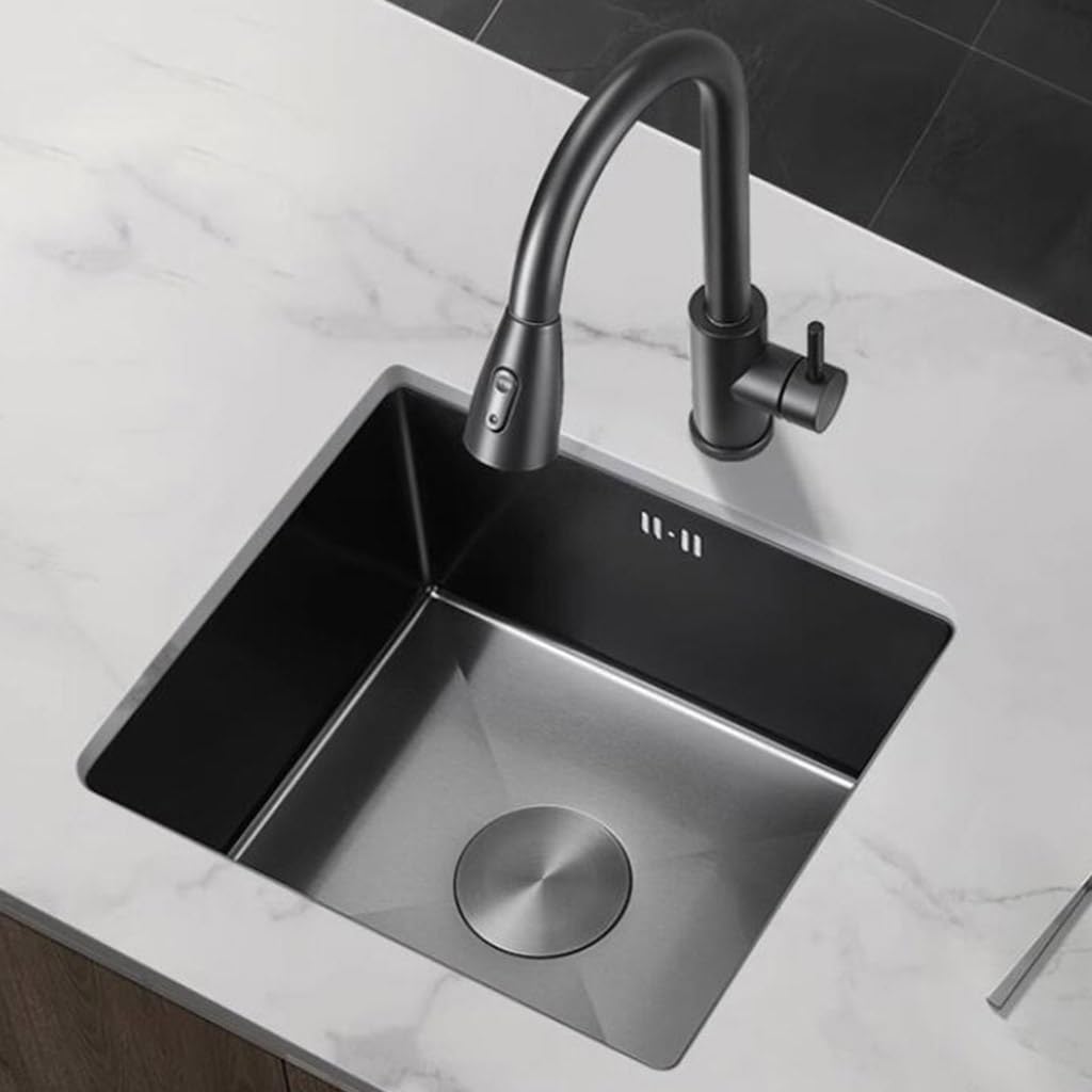 Lavello a sifone con rubinetto in acciaio inox di piccole dimensioni, facile da pulire, lavello da cucina, nero, 38 x 30 x 21 cm