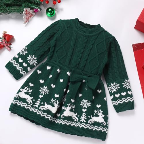 IDOPIP Infant Girls Knit Sweater Dress Christmas Crochet Pullover Dress Toddler Winter Long Sleeve Ribbed Reindeer Tutu Dress2