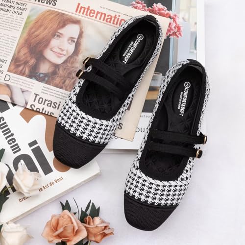 Image of Frank Mully Women's Flats Square Toe Mary Jane Shoes Ballet Flats with Strap Comfortable Slip On Knit Shoes Dressy Casual