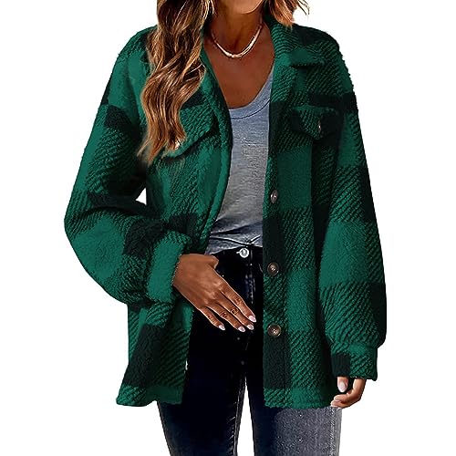 Plaid Shacket Women Fall Winter Flannel Shirt Button Down Fleece Jacket Long Sleeve Warm Coat With Pockets