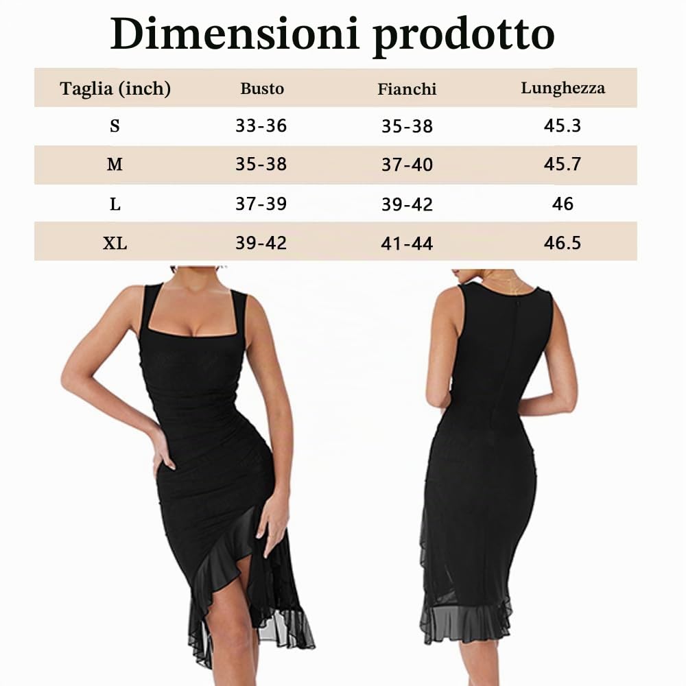 Vestito Donna Senza Manica Sexy Orlo a Volant Spacco con Scollo Quadrato Elegante Slim Midiabito per Sera Cocktail Party