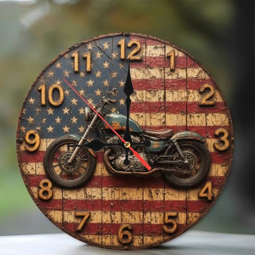 Lancholy American Flag Motorcycle Wall Clock Vintage Decor 10-Inch Wooden Wall Clock Silent Movement Battery Operated (AA Batteries Not Included) Artistic Home Decor Perfect for Home Accents