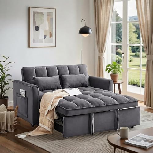 Trygoal Pull Out Couch Loveseat Sleeper Sofa Bed with Side Pockets 3 in 1 Velvet Fabric Convertible Sofa Bed with Adjustable Backrest for Living Room Bedroom Apartment Gray