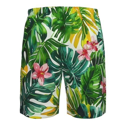 Tropical Leaves and Flowers Watercolor White Green Men's Quick Dry Swim Shorts, Mesh Lined Beach Trunks with Pockets3